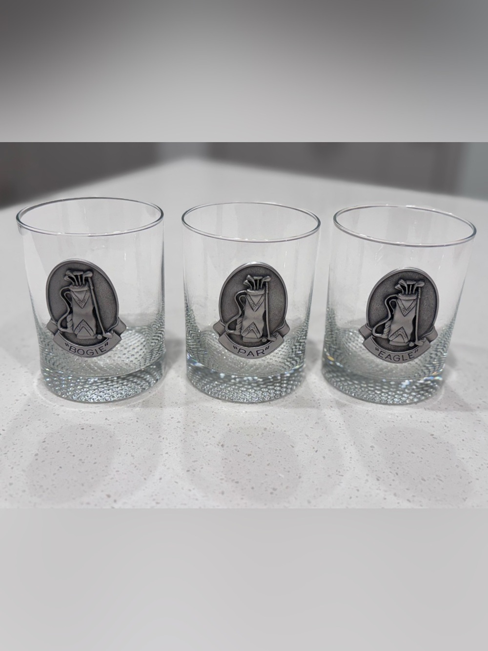 Vintage Pewter Golf Medallion Rocks Glasses Set of 3 Par Bogie Eagle